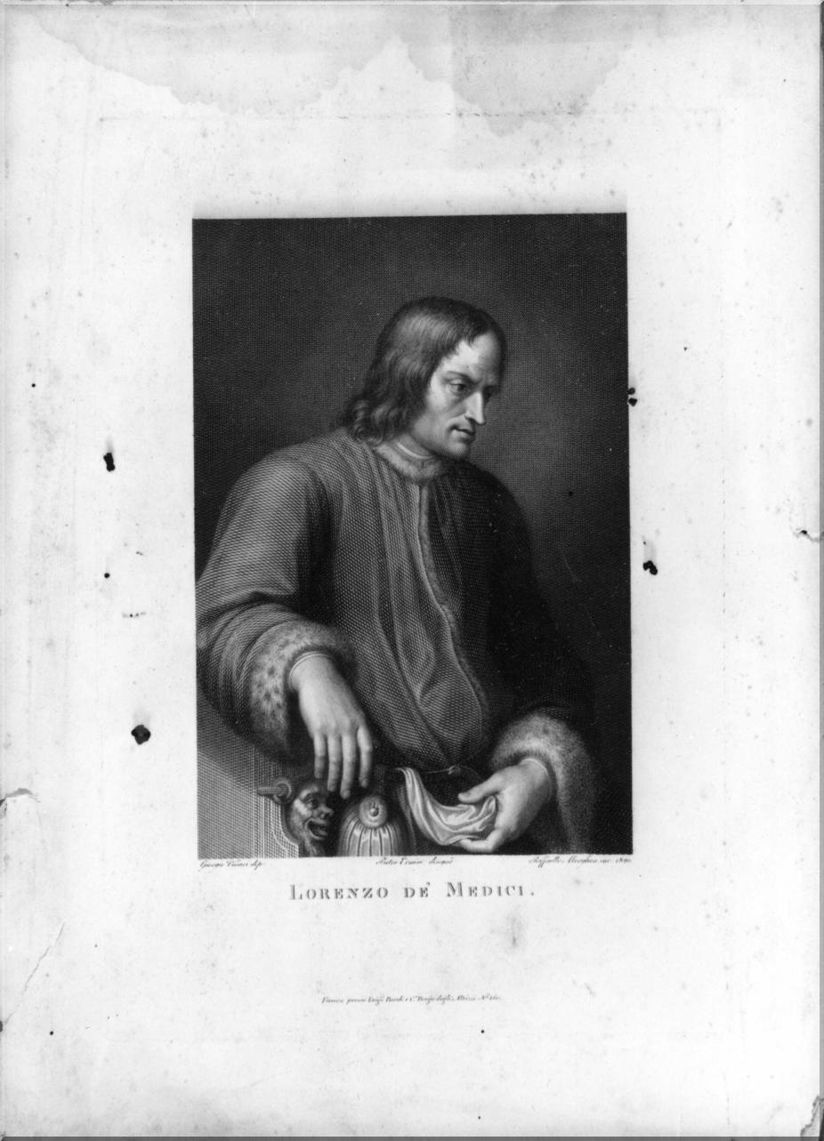 ritratto di Lorenzo de' Medici (stampa, elemento d'insieme) di Ermini Pietro, Vasari Giorgio, Morghen Raffaello (sec. XIX)