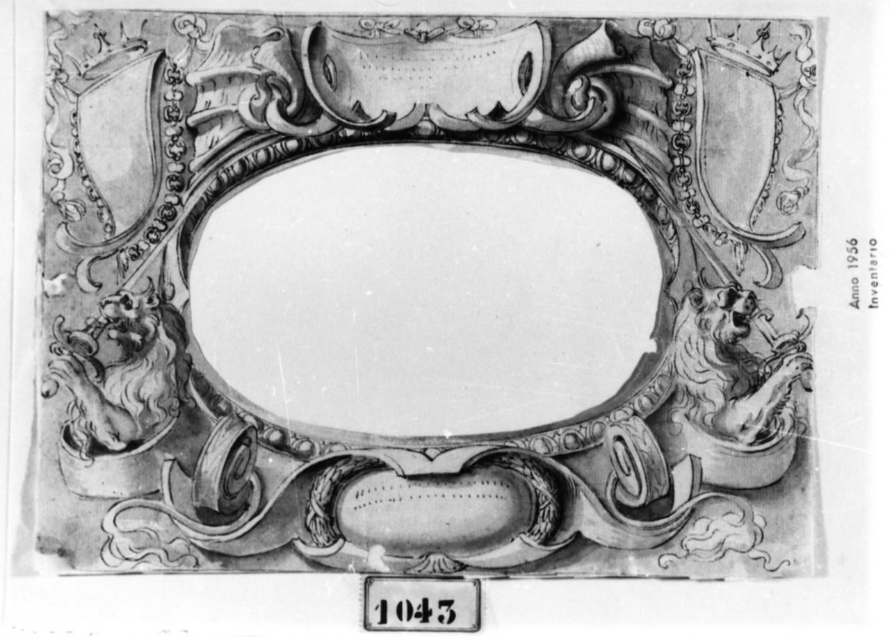 cornice architettonica con motivi decorativi e figure (disegno) - ambito toscano (fine/inizio secc. XVI/ XVII)