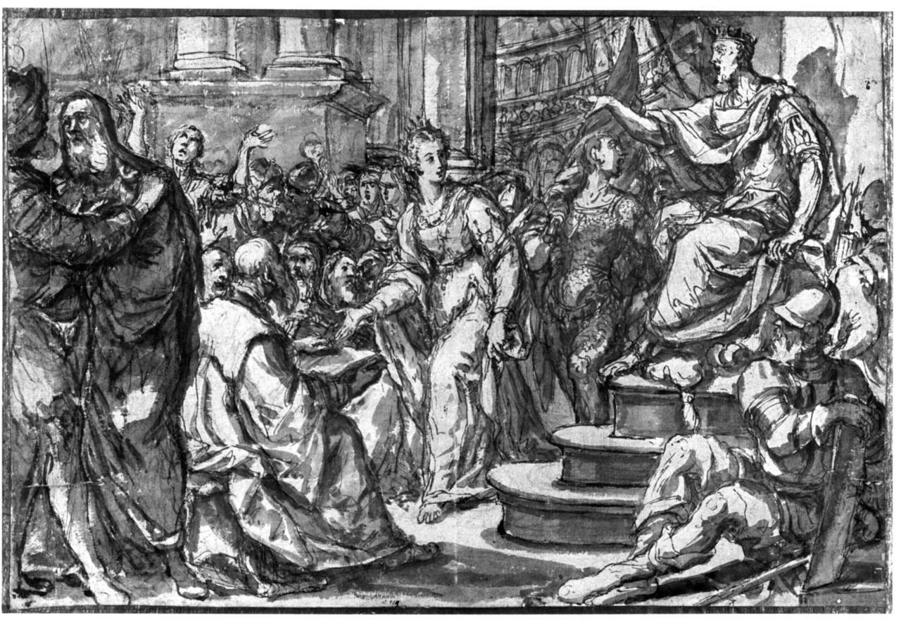 disputa di Santa Caterina d'Alessandria con i filosofi (disegno) di Michieli Andrea detto Andrea Vicentino (fine/inizio secc. XVI/ XVII)