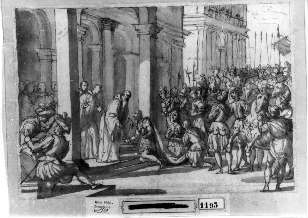 Sant'Ambrogio rifiuta l'ingresso in chiesa all'imperatore Teodosio (disegno) - ambito veneto (fine/inizio secc. XVI/ XVII)