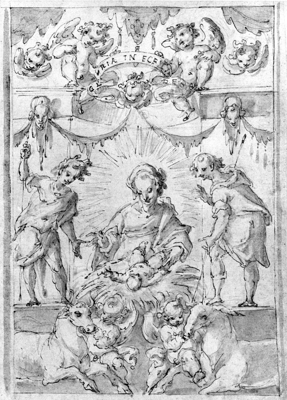 adorazione di Gesù Bambino (disegno) di Marchetti Marco (sec. XVI)