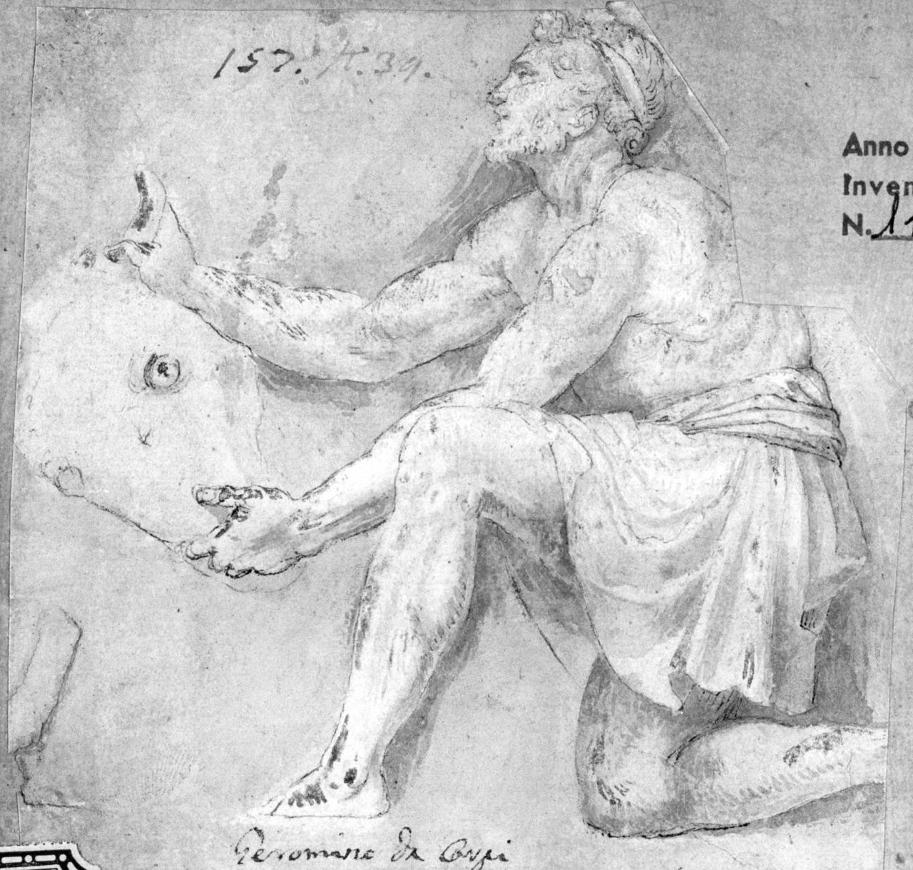 Teseo uccide il minotauro (disegno) di Sellari Girolamo detto Girolamo da Carpi (attribuito) (sec. XVI)