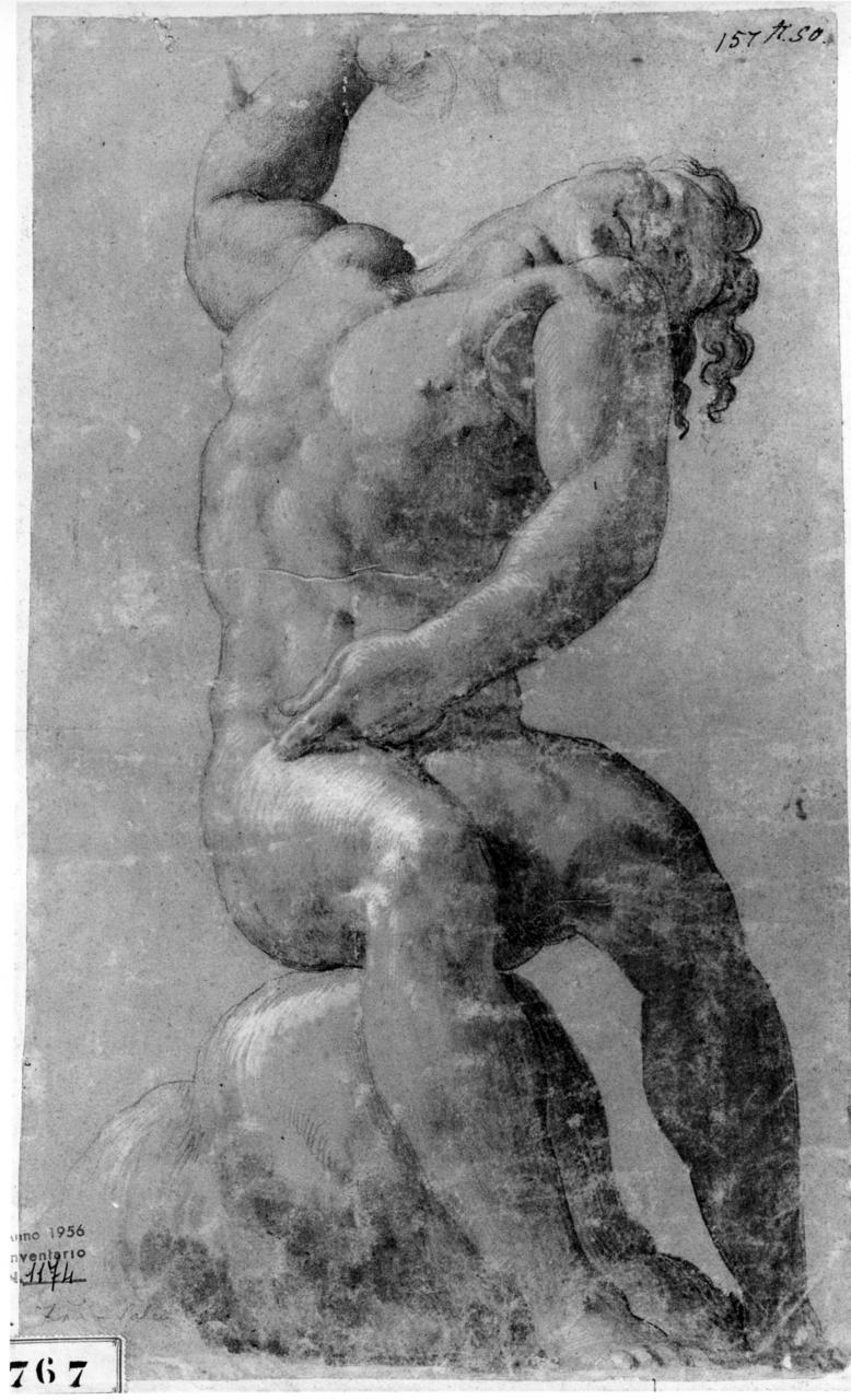 Giovane seduto su una roccia (disegno) di Salviati Francesco (attribuito) (metà sec. XVI)