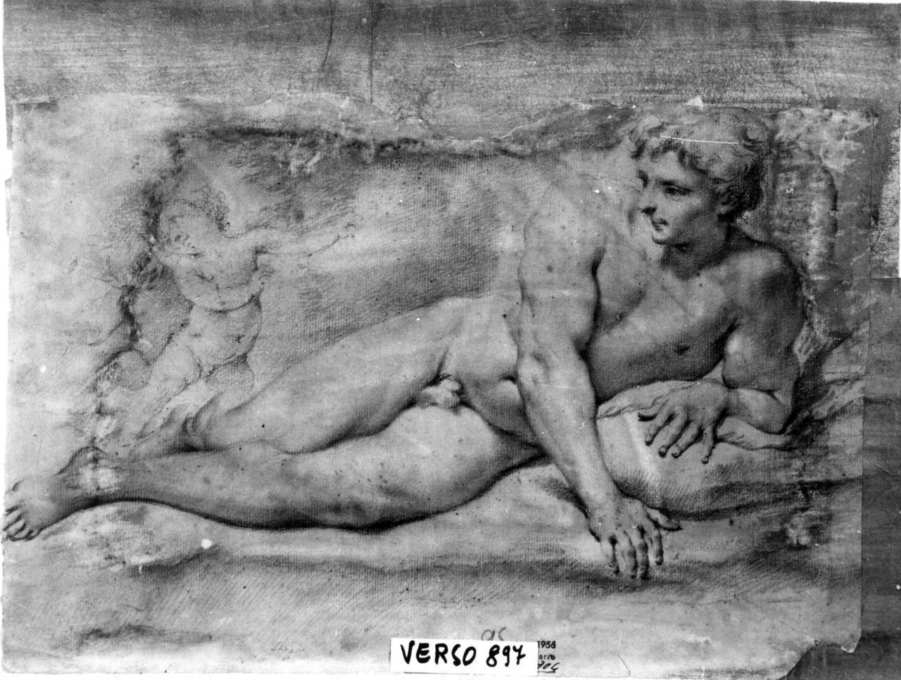 Nudo virile seduto con mani alla testa (disegno) di Stringa Francesco (seconda metà sec. XVII)