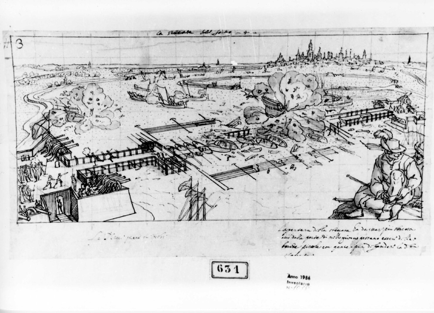 Battaglia navale in un porto, battaglia navale (disegno preparatorio) di Tavarone Lazzaro (primo quarto sec. XVII)