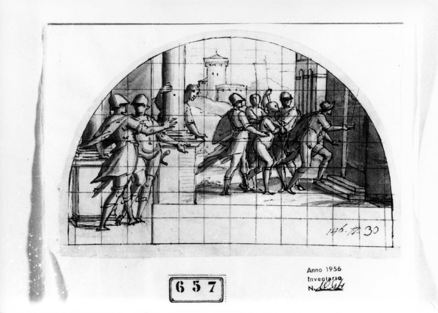Un uomo condotto in prigione, scena di battaglia (disegno) di Tavarone Lazzaro (prima metà sec. XVII)