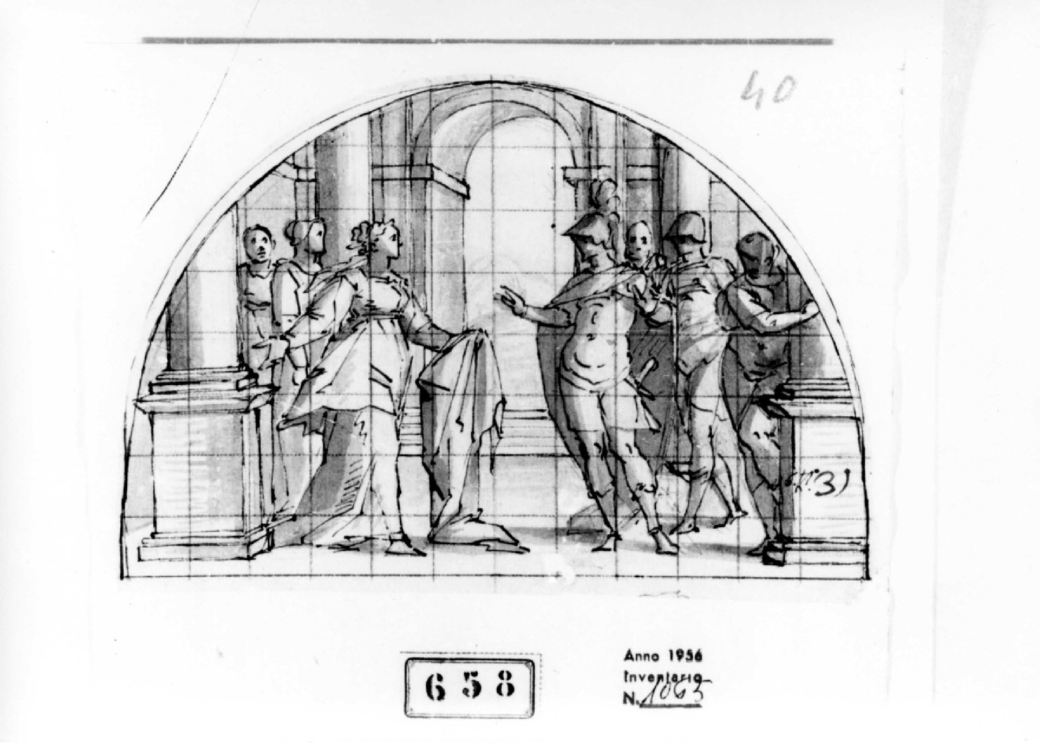 Donna che mostra un manto ad un guerriero che si ritrae inorridito, interno con figura femminile (disegno) di Tavarone Lazzaro (attribuito) (prima metà sec. XVII)