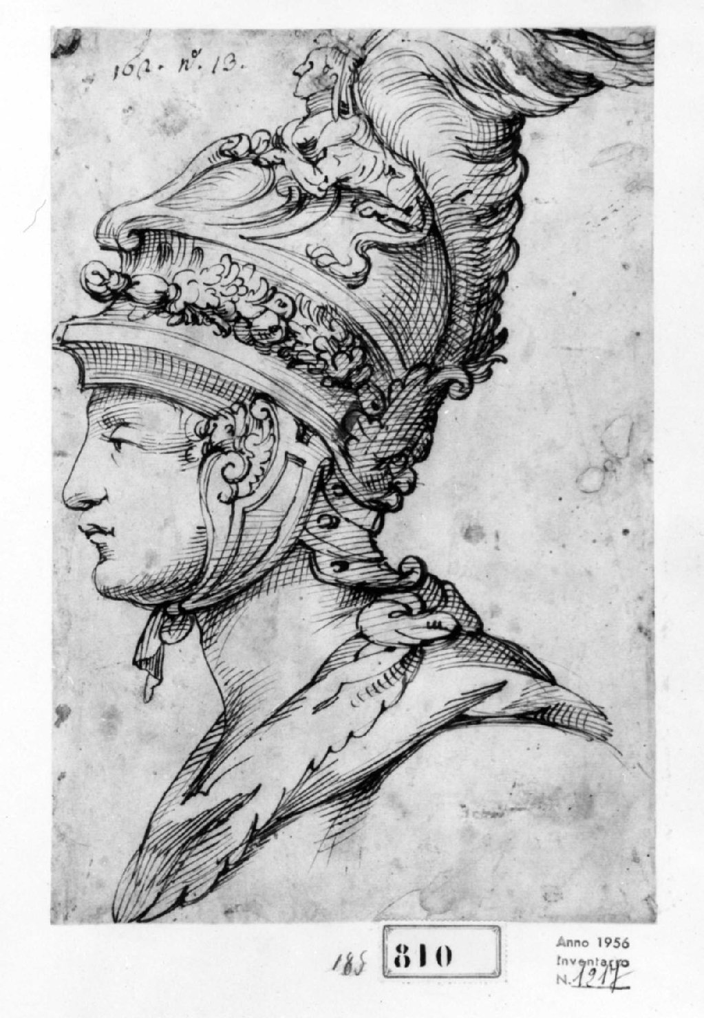Testa di guerriero di profilo, giovane guerriero (disegno, opera isolata) - ambito bolognese-emiliano (primo quarto sec. XVII)