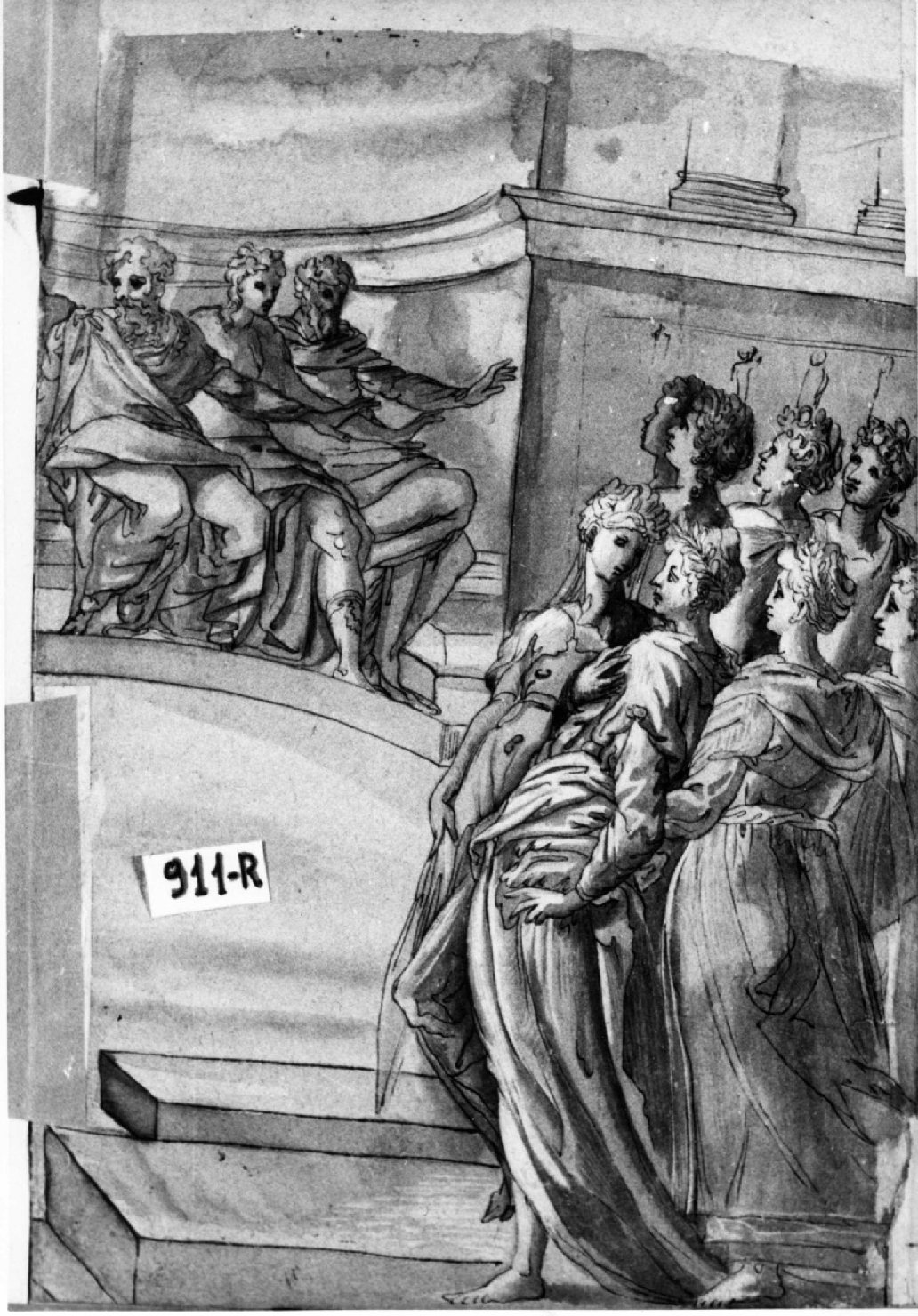 Donne al cospetto di tre uomini seduti su un seggio, figure femminili (disegno, opera isolata) - ambito romano (seconda metà sec. XVI)