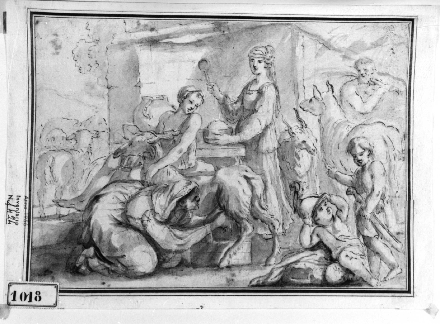 Donna che munge es altre figure, figure femminili (disegno, opera isolata) - ambito italiano (prima metà sec. XVIII)