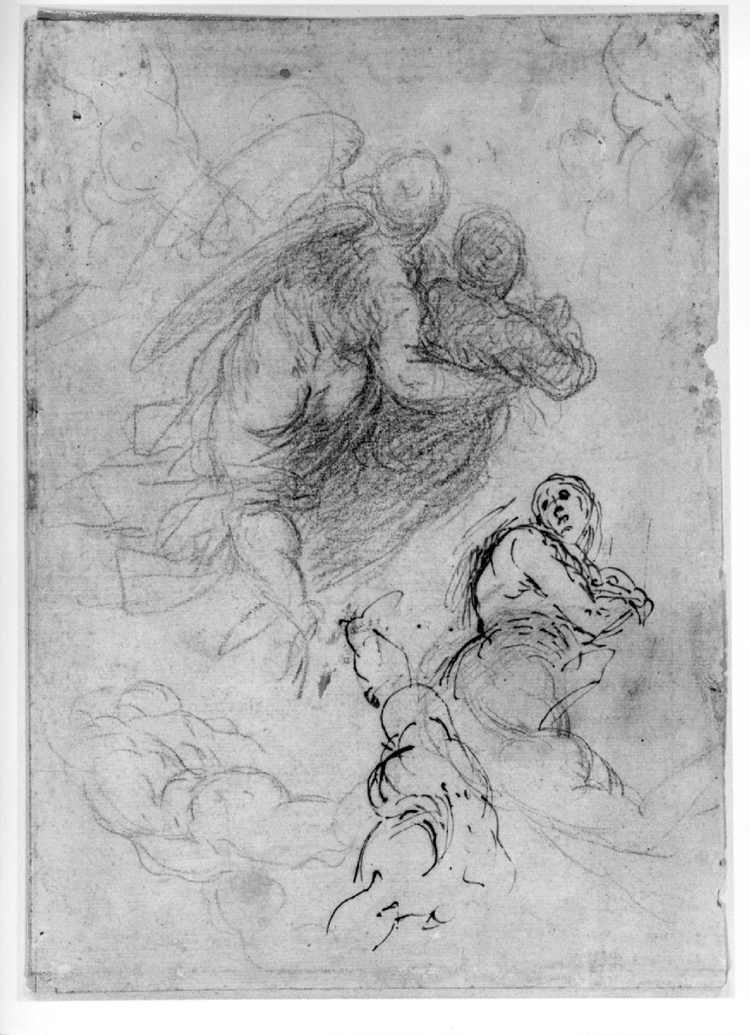 Angelo che trasporta in cielo un'anima e schizzi di angeli in volo, angeli (disegno preparatorio, opera isolata) di Negretti Jacopo detto Palma il Giovane (primo quarto sec. XVII)