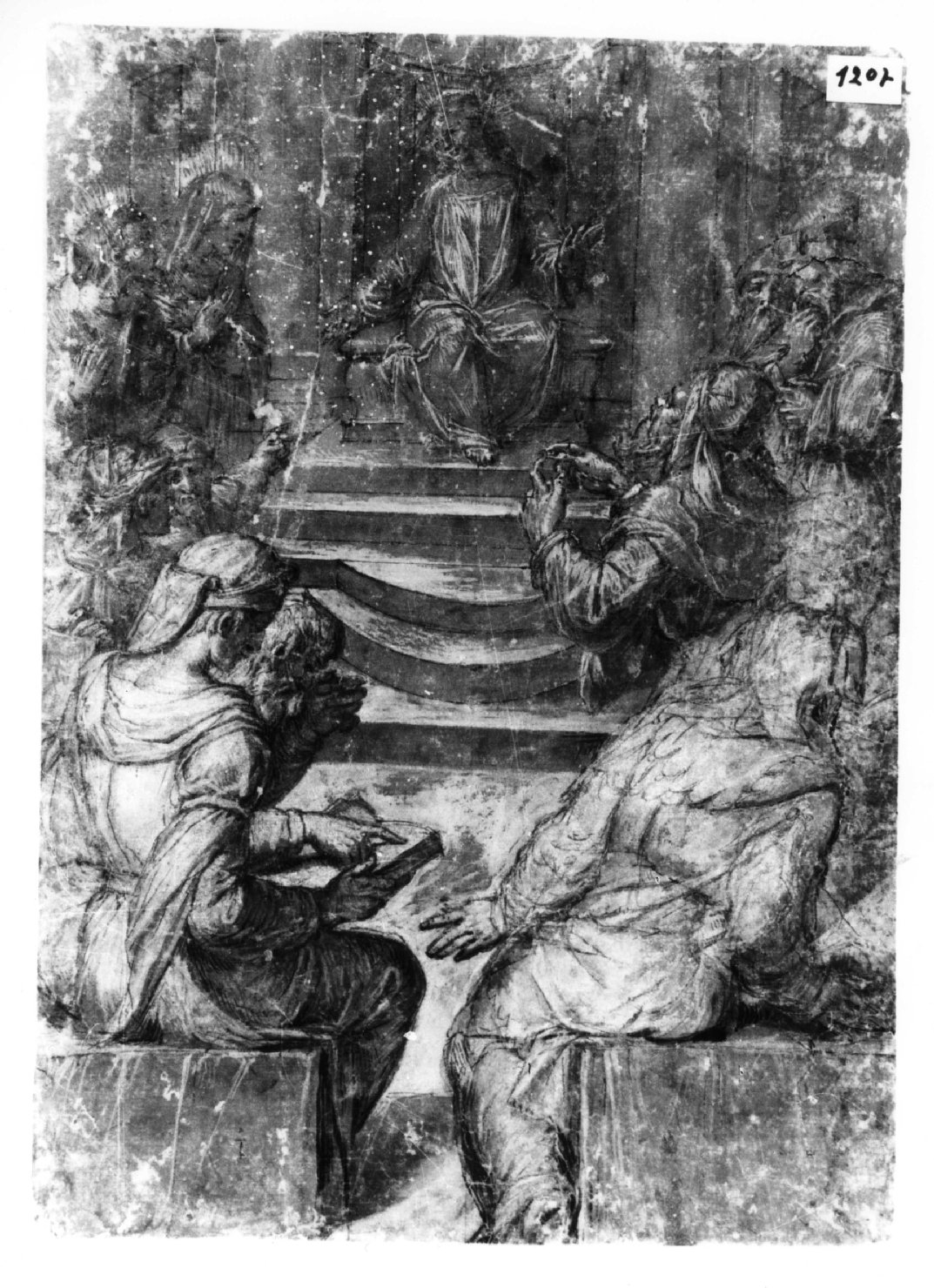 Disputa di Gesù nel Tempio, disputa di Gesù con i dottori nel tempio (disegno, elemento d'insieme) di Ramenghi Giovanni Battista (ultimo quarto sec. XVI)