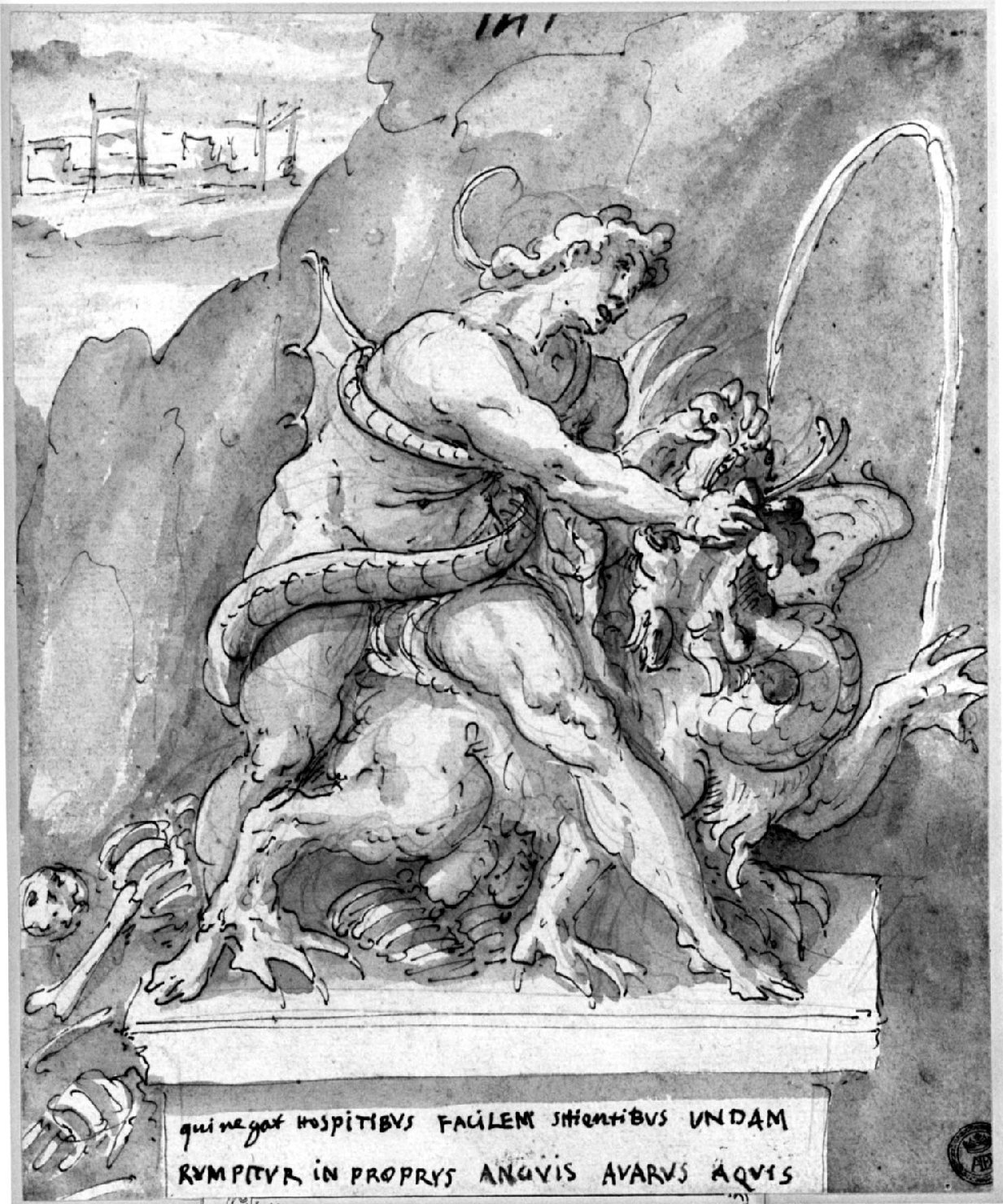 Ercole doma Cerbero, Ercole e Cerbero (disegno, opera isolata) di Rovere Giovanni Battista della (primo quarto sec. XVII)