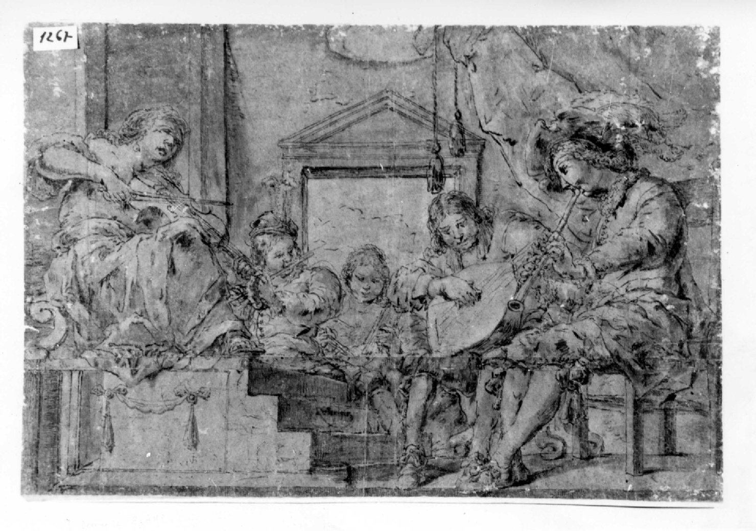 Suonatori entro architettura (r.) - Studio di gambe (v.), musici (disegno, opera isolata) di Bramer Leonaert (metà sec. XVII)