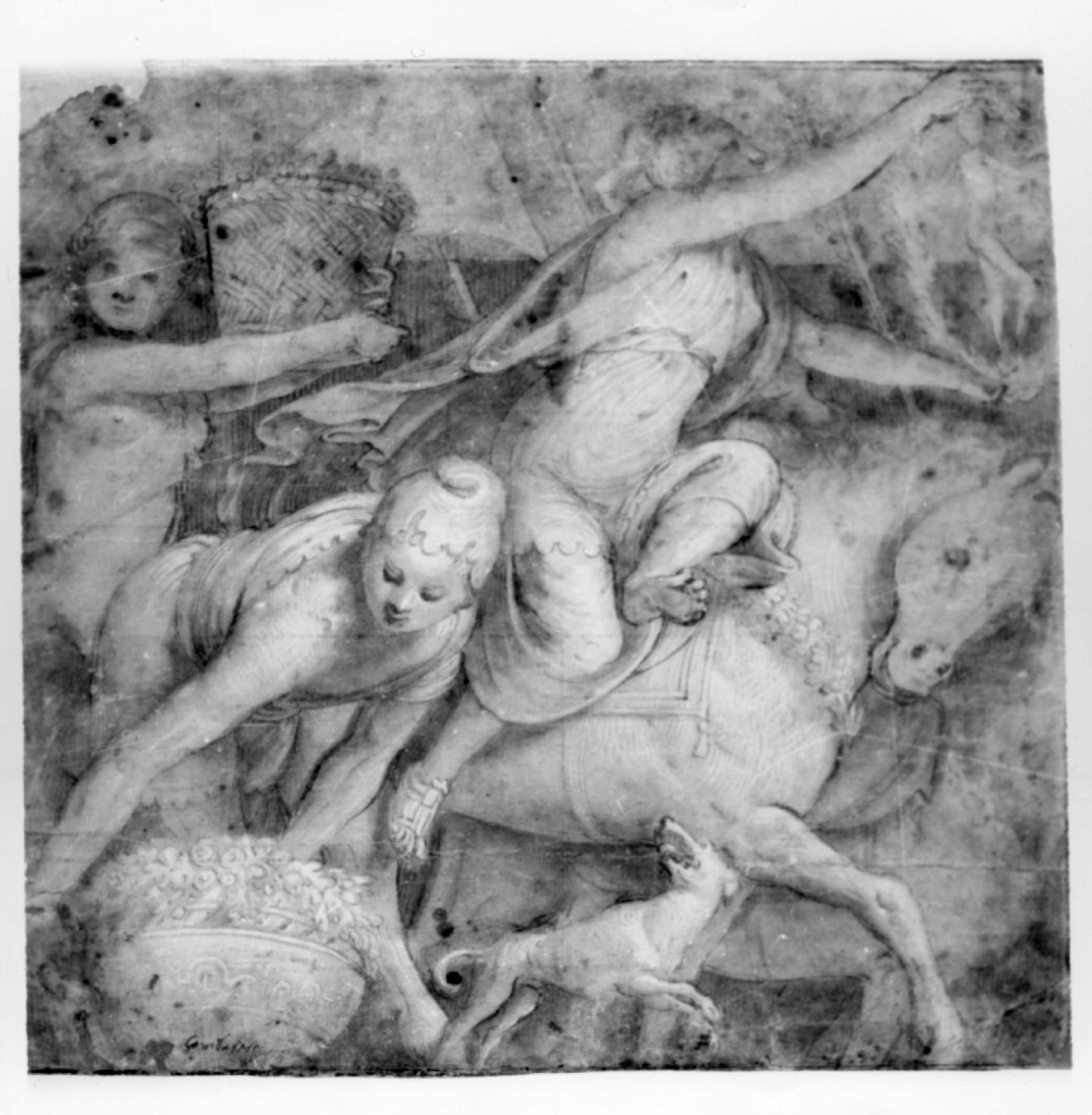 Scena mitologica, figure allegoriche femminili (disegno preparatorio, opera isolata) di Gambara Lattanzio (metà sec. XVI)