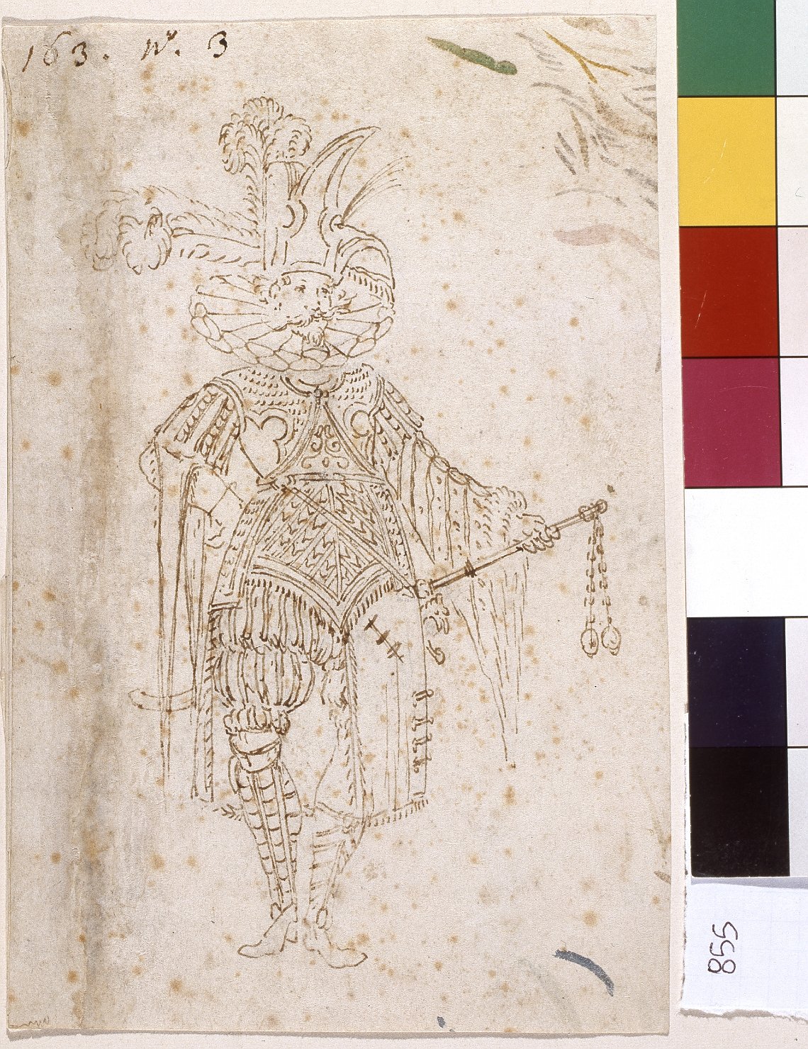 Studio per un costume teatrale maschile, figura maschile (disegno) - ambito Italia centro-settentrionale (prima metà sec. XVII)