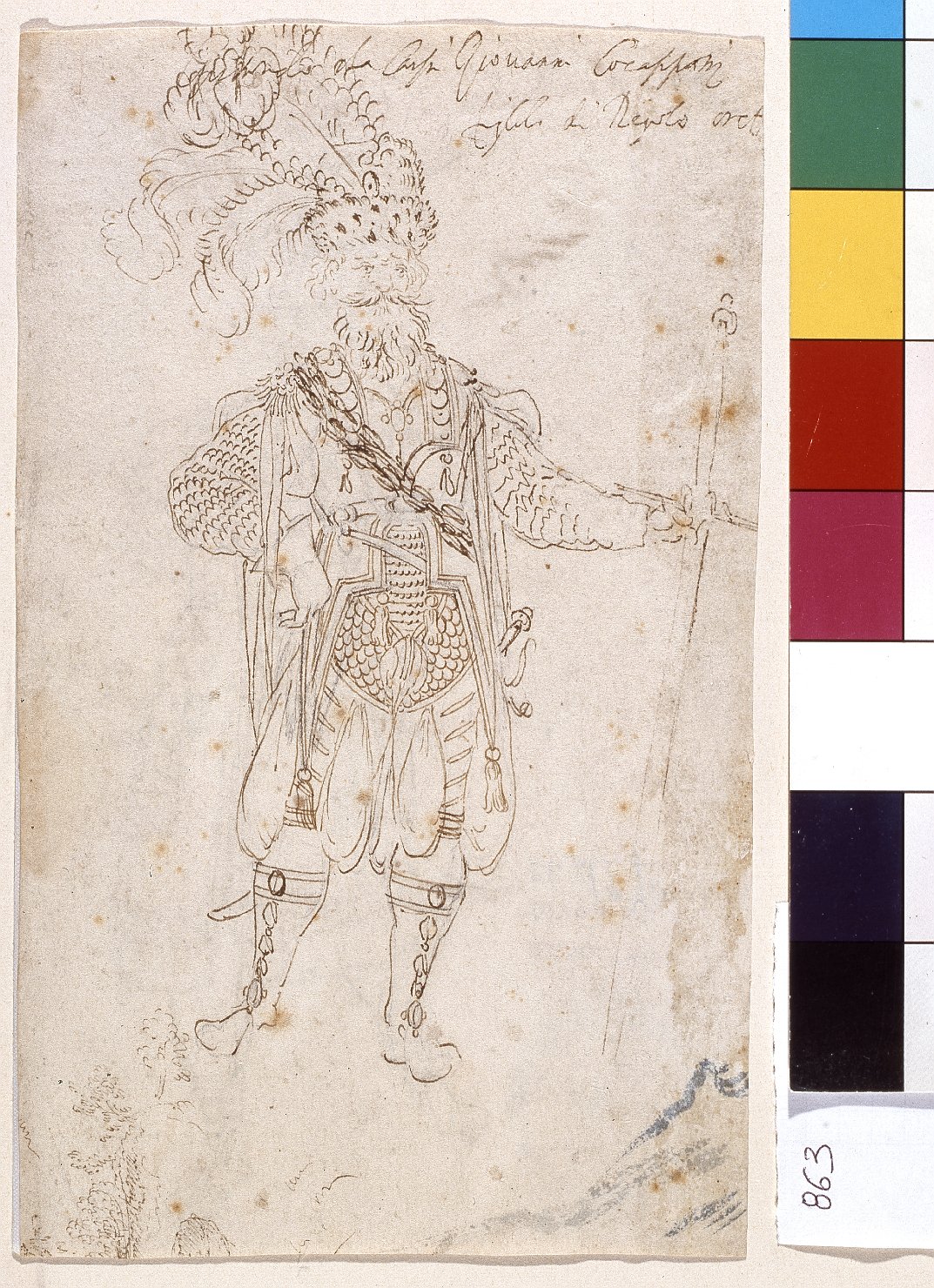 Studio per un costume teatrale maschile, figura maschile (disegno) - ambito Italia centro-settentrionale (prima metà sec. XVII) 