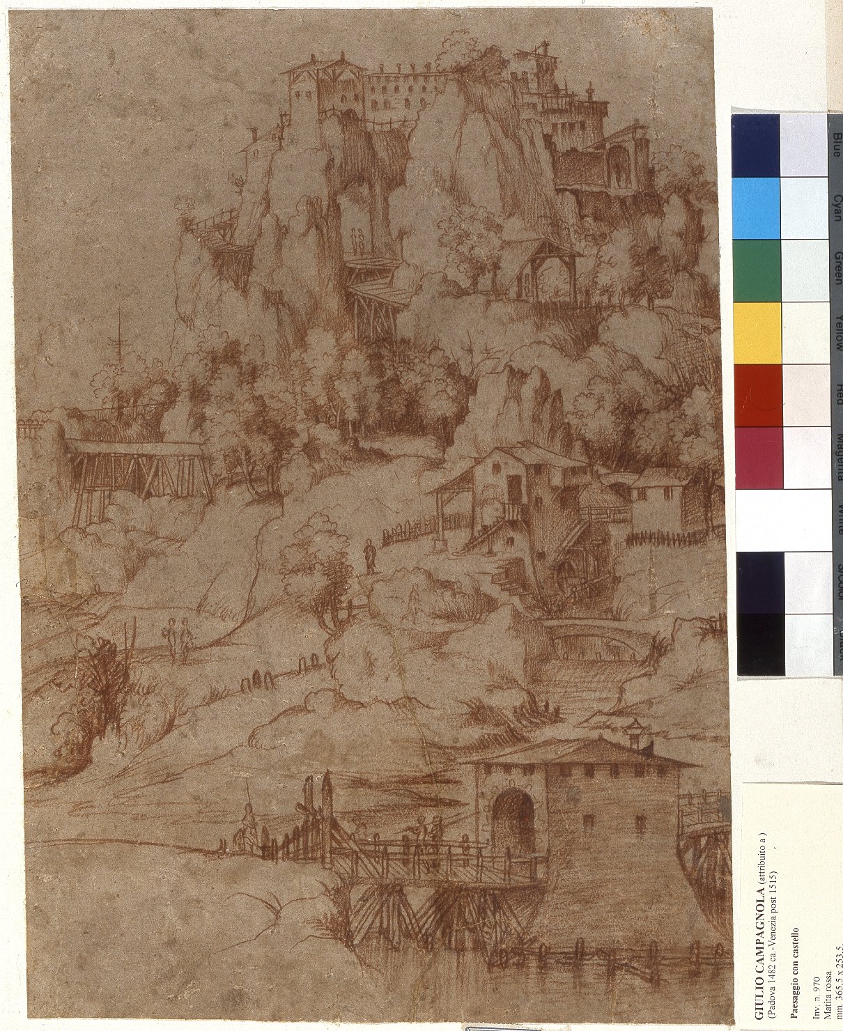Paesaggio con architetture e castello, paesaggio con architetture (disegno) - ambito veneto (prima metà sec. XVI)