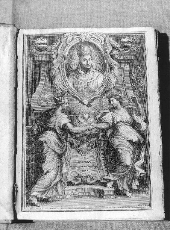 ritratto di papa Gregorio X con Giustizia, Abbondanza e Pace (stampa) di Maratta Carlo, Frey L (sec. XVIII)