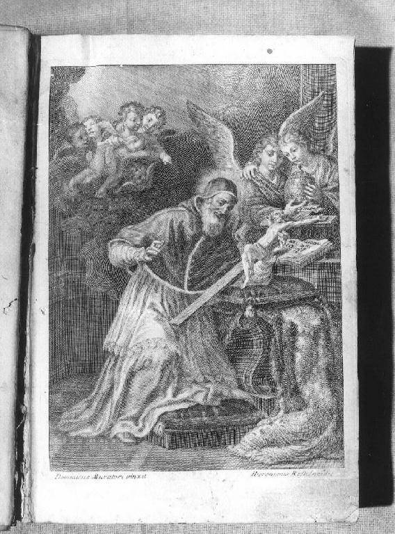 papa Pio V in adorazione del crocifisso (stampa) di Muratori Domenico Maria, De Rossi Girolamo il Giovane (sec. XVIII)
