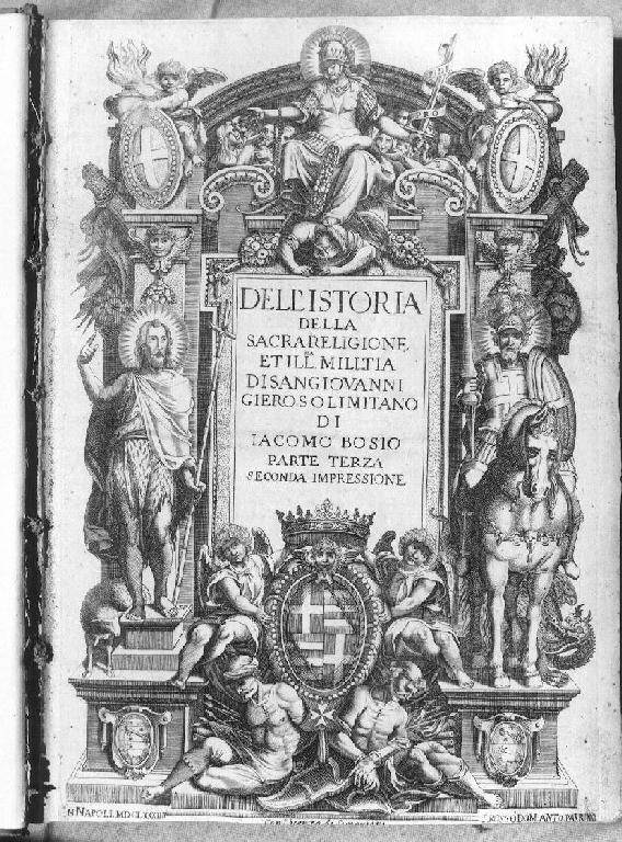 Fede schiaccia un infedele tra San Giovanni Battista e San Giorgio (stampa) - ambito italiano (sec. XVII)