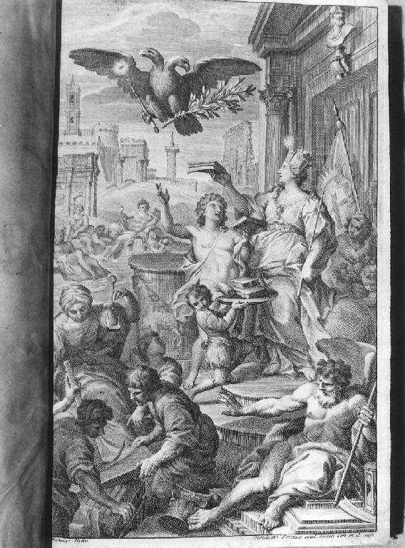 personificazione dell'Italia con figura allegorica e rovine (stampa, elemento d'insieme) di Frezza Giovanni Gerolamo (sec. XVIII)