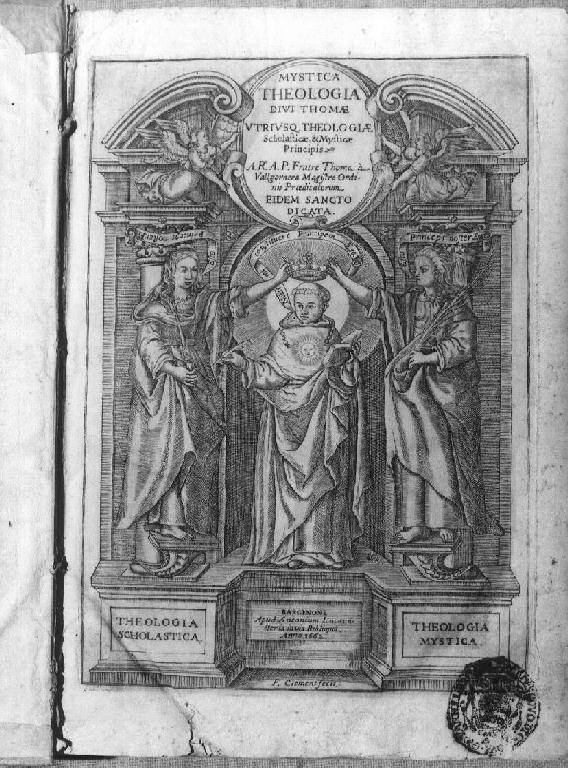 San Tommaso d'Aquino incoronato dalla Theologia Scolastica e dalla Theologia mistica (stampa) di Clement F (sec. XVII)