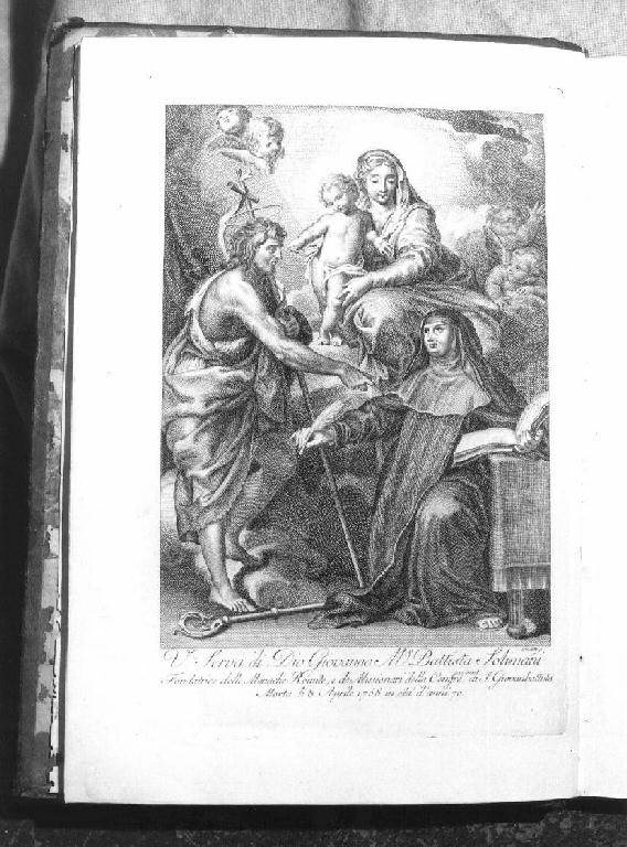 Madonna con Bambino, San Giovanni Battista e Giovanna M. Battista Solimani (stampa) di Guidotti Giovanni Lorenzo (sec. XVIII)