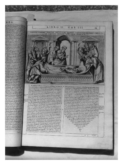 nuova sepoltura del corpo di San Pietro per volere di un San Silvestro (stampa) di Fulcaro Sebastiano (secondo quarto sec. XVII)