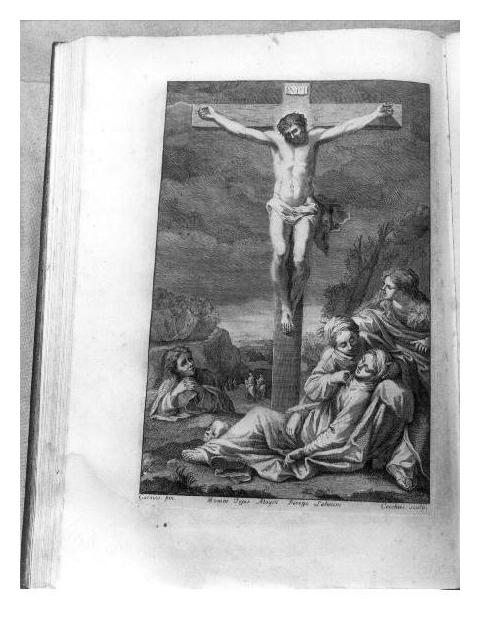 CROCIFISSIONE DI CRISTO CON LA MADONNA E SANTA MARIA MADDALENA (stampa) di Cecchini Francesco (sec. XVIII)