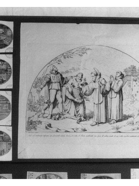 San Francesco di Paola ridona gli occhi e la bocca ad un fanciullo nato senza (stampa) di Nogari Paris detto Paris Romano, Pinelli Bartolomeo (secc. XVIII/ XIX)