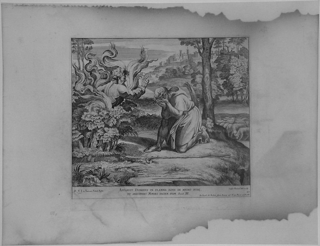 MOSE' E IL ROVETO ARDENTE (stampa, serie) di Fantetti Cesare, Sanzio Raffaello (bottega) (seconda metà sec. XVII)