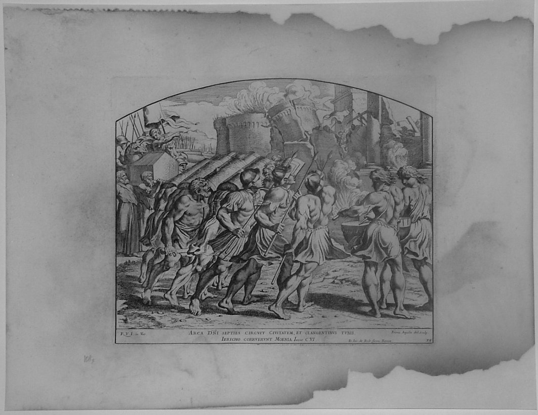 CADUTA DELLE MURA DI GERICO (stampa, serie) di Dell'Aquila Pietro, Sanzio Raffaello (bottega) (seconda metà sec. XVII)