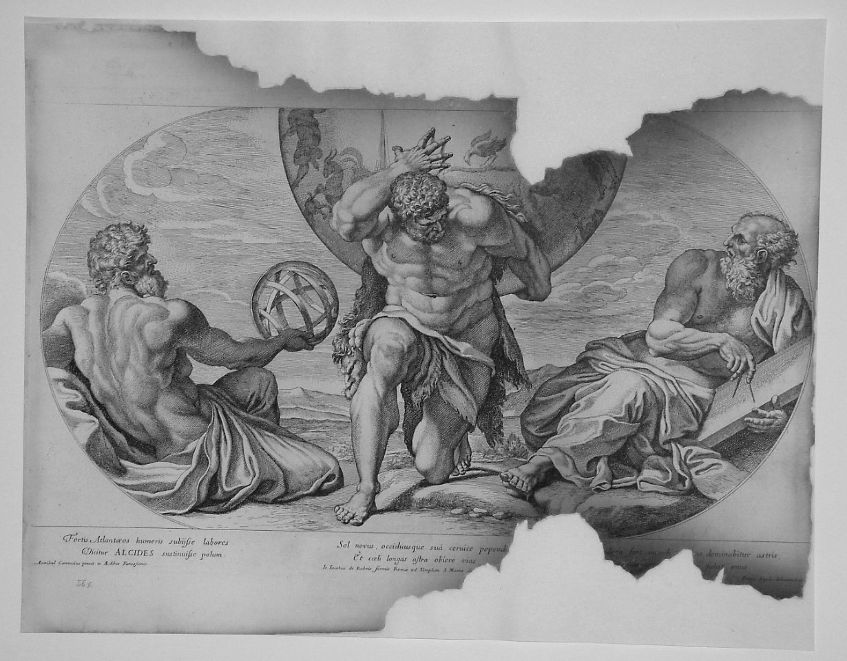 ERCOLE SOSTIENE IL GLOBO TERRESTRE (stampa smarginata, serie) di Dell'Aquila Pietro, Carracci Annibale (sec. XVII)