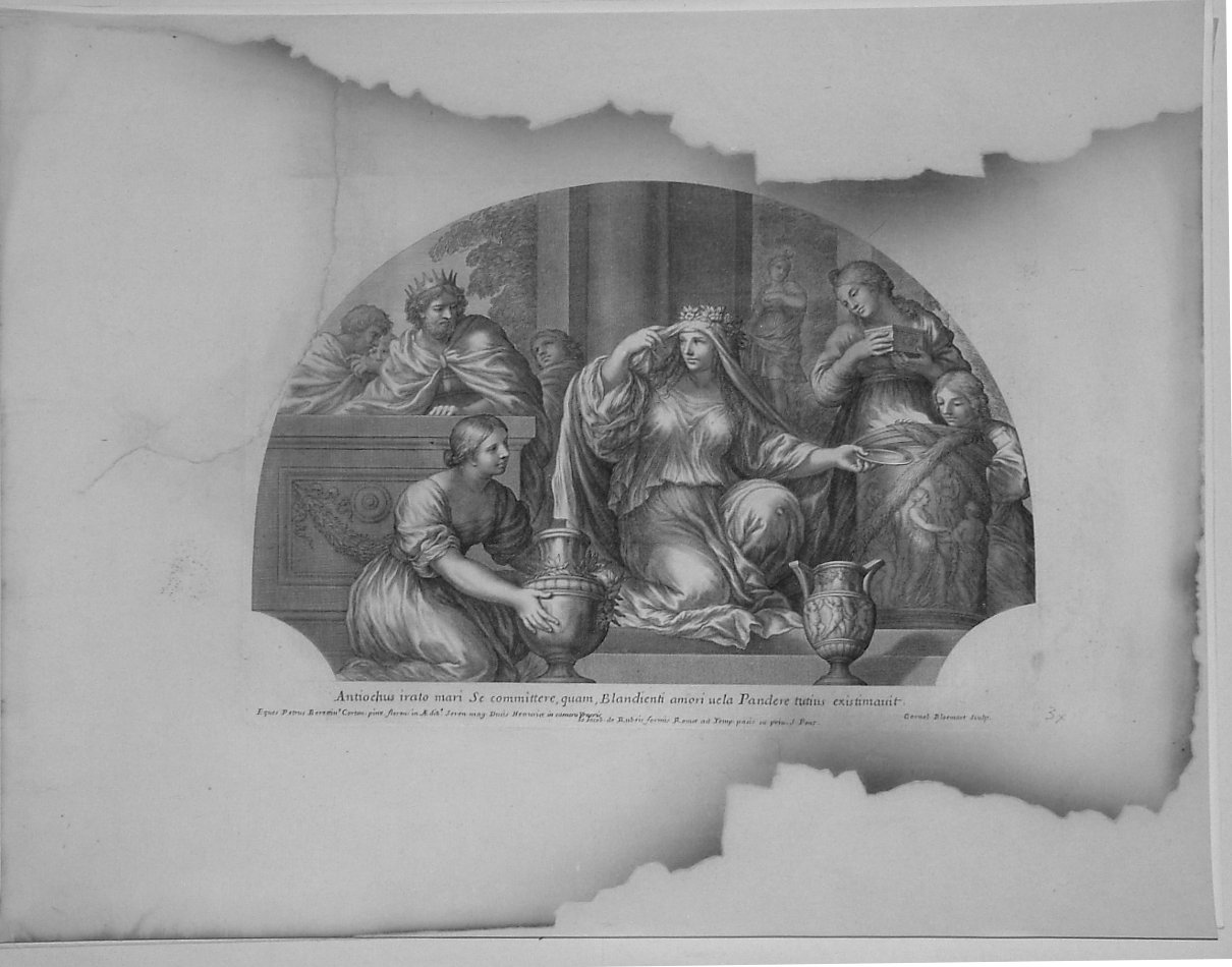 ANTIOCO III E LA SACERDOTESSA DI DIANA (stampa, serie) di Bloemaert Cornelis il Giovane, Berrettini Pietro detto Pietro da Cortona (sec. XVII)