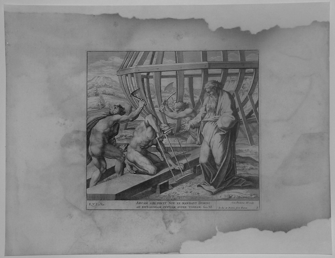 NOE' FA COSTRUIRE L'ARCA (stampa, serie) di Fantetti Cesare, Sanzio Raffaello (bottega) (seconda metà sec. XVII)