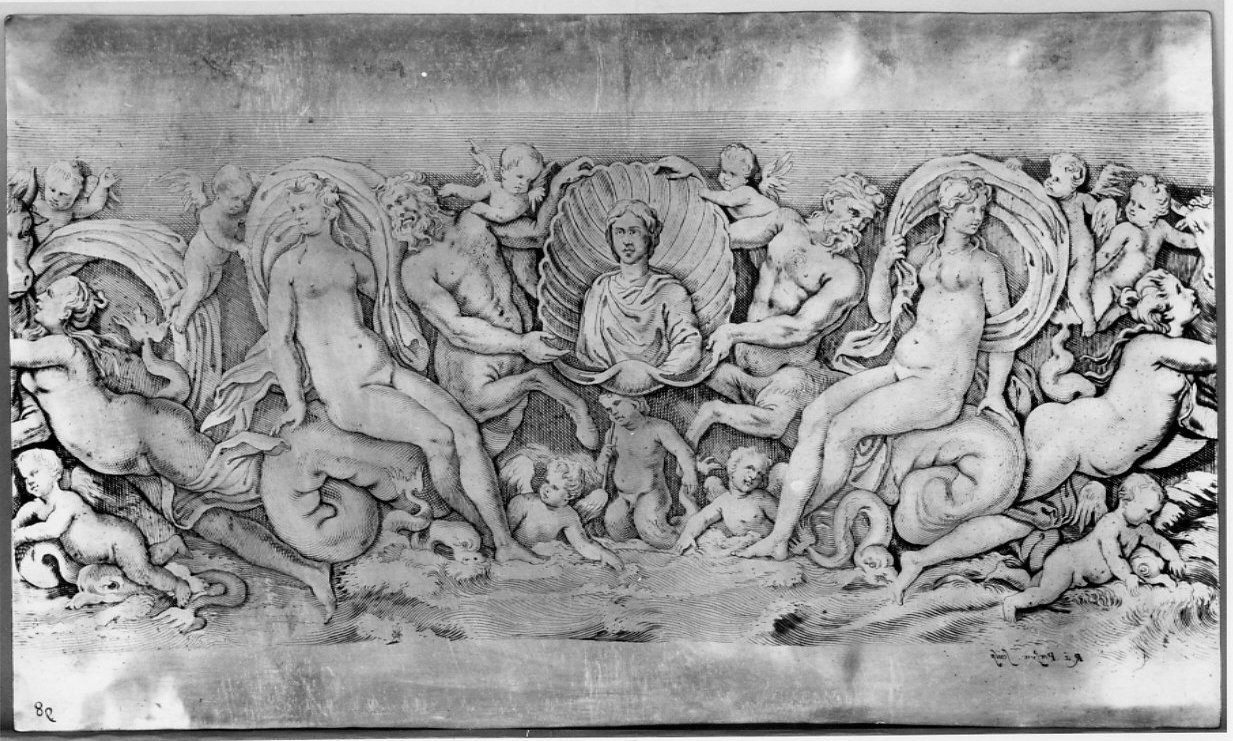 Ninfe e tritoni con un ritratto (matrice, serie) di Van Persyn Reinier, Podestà Giovanni Andrea (sec. XVII)