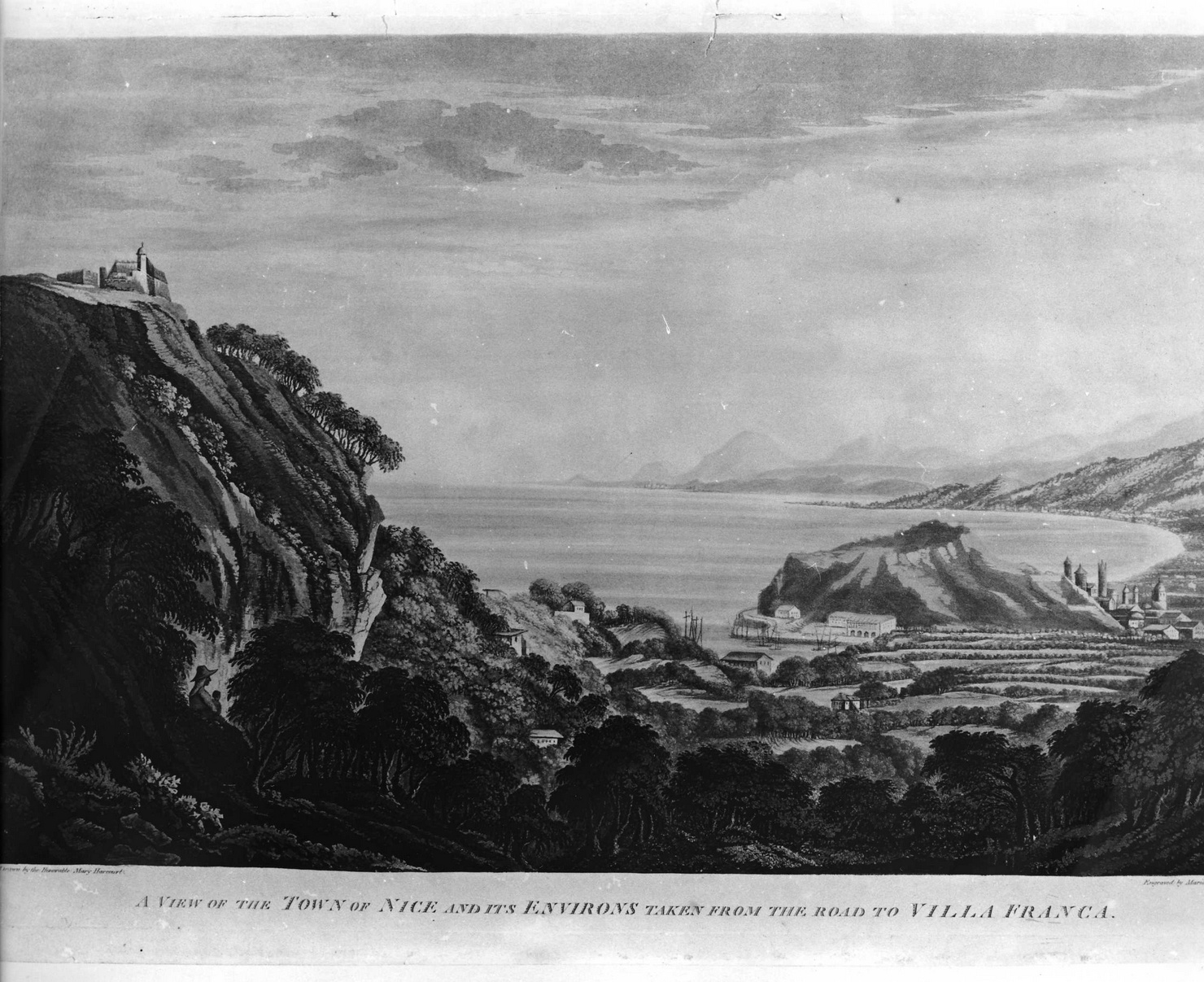 A VIEW OF THE TOWN OF NICE AND ITS ENVIRONS TAKEN FROM THE ROAD TO VILLA FRANCA, paesaggio (stampa) di Harcourt Mary, Prestel Katharina (sec. XVIII)