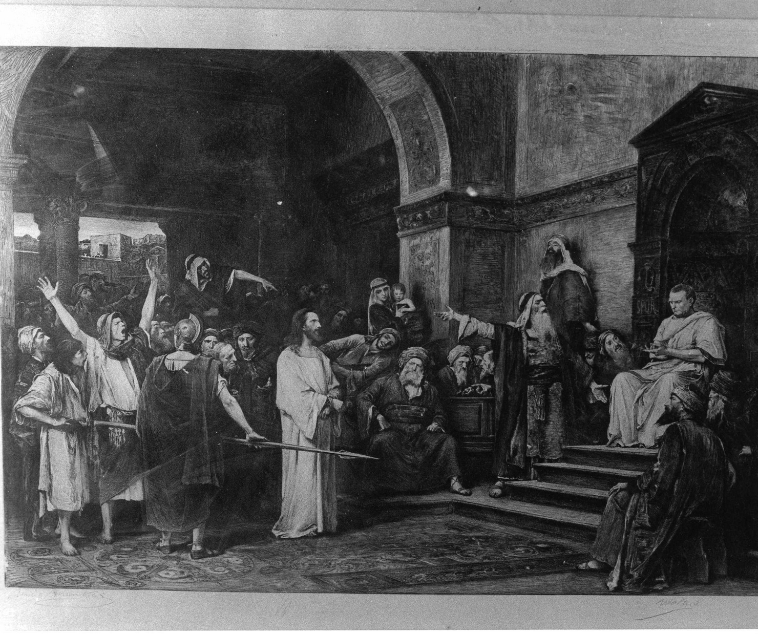 CRISTO DAVANTI A PILATO, Cristo davanti a Pilato (stampa) di Munkur Andrew (sec. XIX)