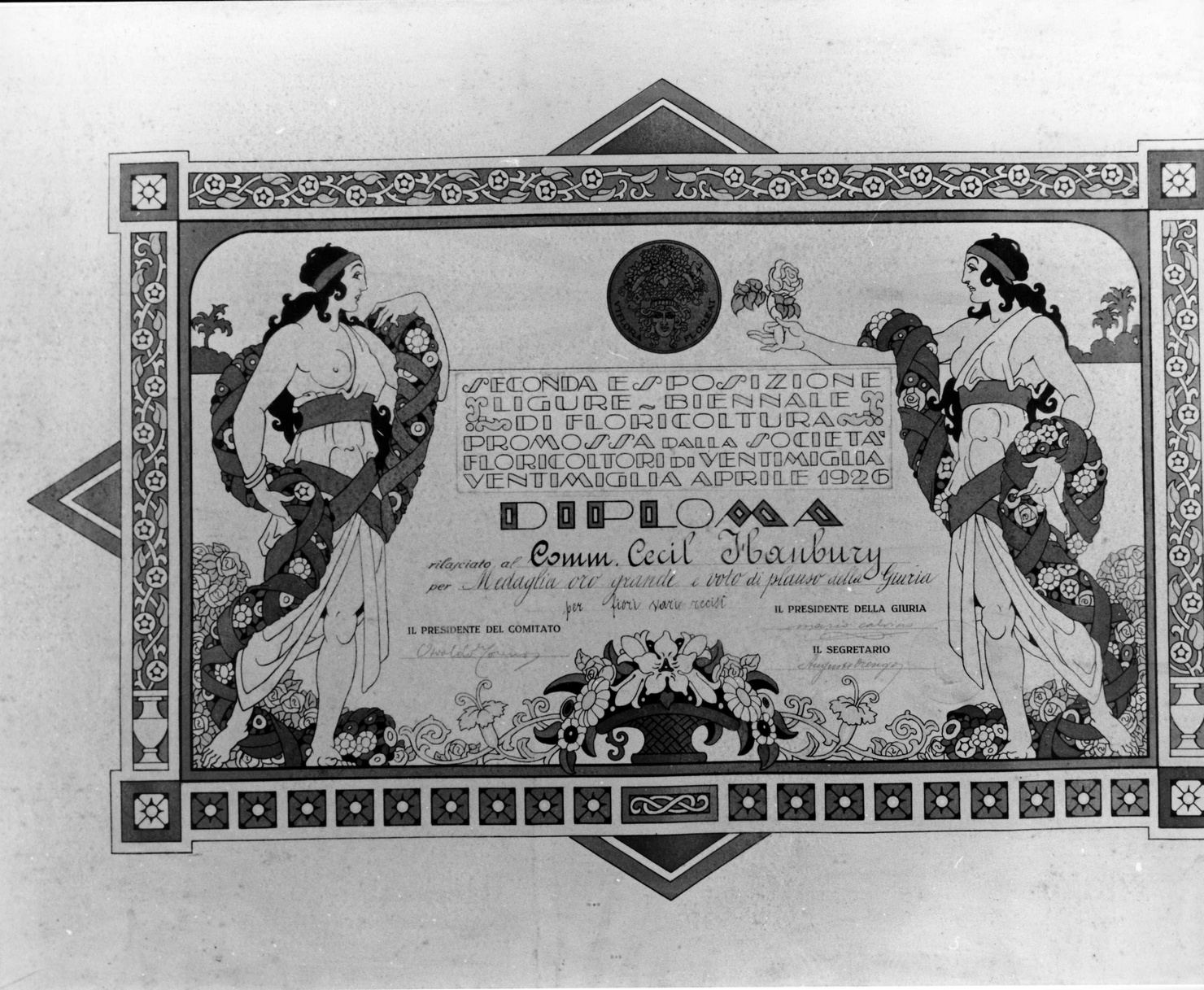 SECONDA ESPOSIZIONE LIGURE BIENNALE DI FLORICOLTURA, motivi decorativi (stampa a colori) di Rubino Antonio Augusto (attribuito) (sec. XX)