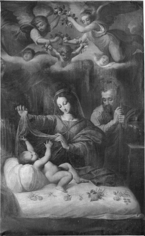 Madonna delle Rose, Sacra Famiglia (pala d'altare) di Domenico detto Spagnolo (sec. XVI)