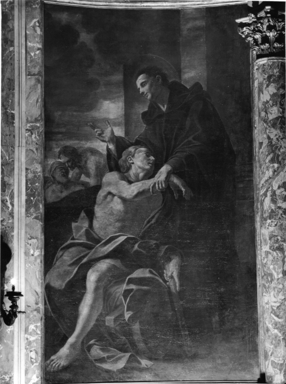 San Giovanni da San Facondo assiste un paralitico (dipinto, ciclo) di Brandi Giacinto (scuola) (sec. XVII)