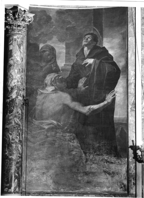 San Giovanni da San Facondo assiste un cieco (dipinto, ciclo) di Brandi Giacinto (scuola) (sec. XVII)
