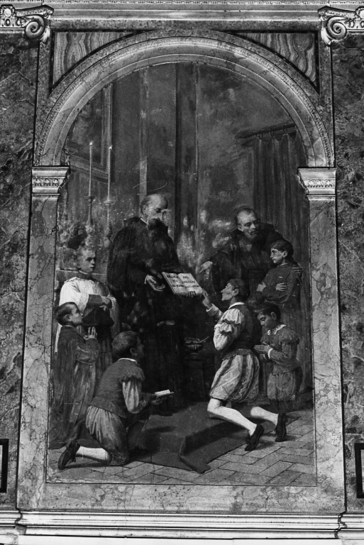 San Giuseppe Calasanzio presenta le regole del Collegio (dipinto) di Gagliardi Giovanni, Morlacchi Alessio (sec. XIX)