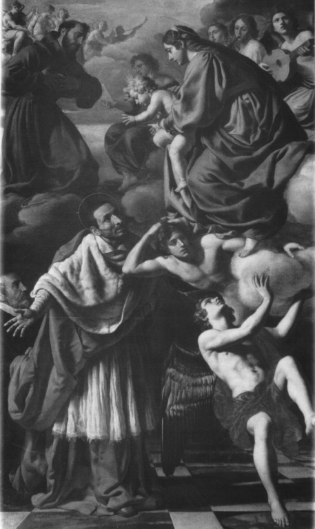 Madonna con Bambino che benedice San Carlo Borromeo (dipinto) di Turchi Alessandro detto Orbetto (primo quarto sec. XVII, sec. XVIII)