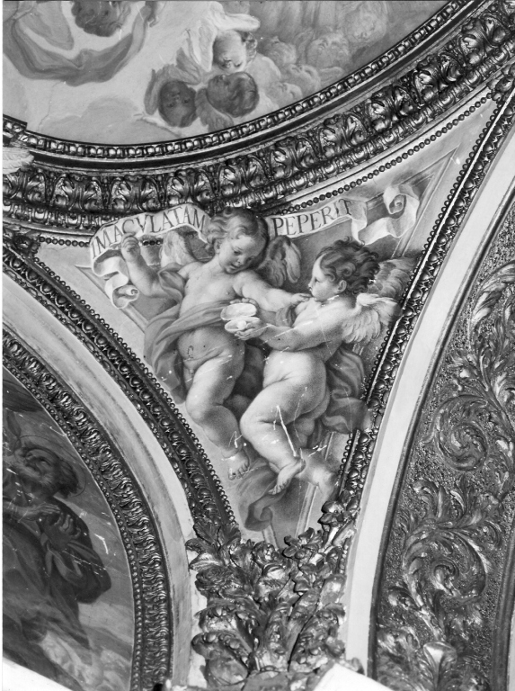 angioletto reggicartiglio e angioletto con simboli mariani (dipinto) di Berrettoni Nicolò (sec. XVII)