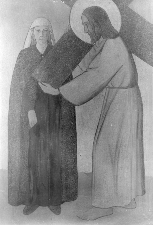 stazione IV: Gesù incontra la Madonna (dipinto) di Boscaro Stefania Libera (metà sec. XX)