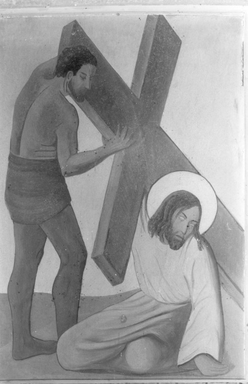 stazione V: Gesù aiutato da Simone il Cireneo a portare la croce (dipinto) di Boscaro Stefania Libera (metà sec. XX)