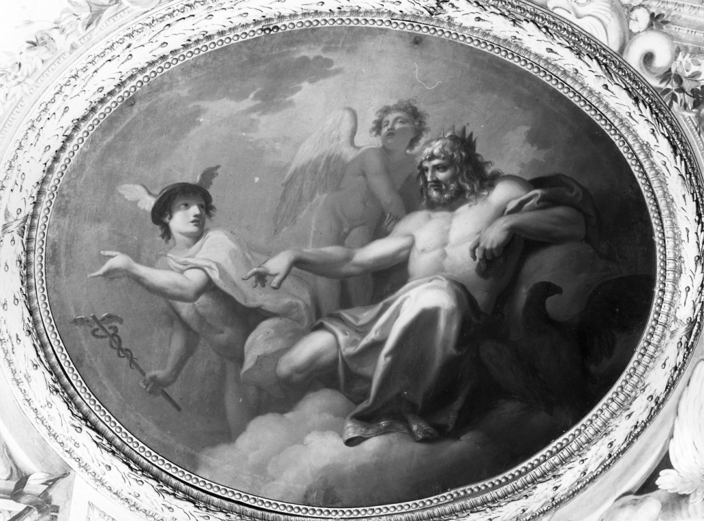 Giove ordina a Mercurio di condurre Psiche nell'Olimpo (dipinto) di Novelli Pietro Antonio (sec. XVIII)