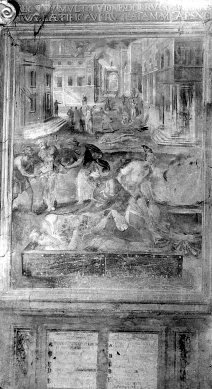 Martirio di s. Erasmo, s. Biagio, s. Barbara, s. Eustrazio, distruzione di una città frigia (dipinto) di Circignani Niccolò detto Pomarancio, Matteo da Siena (sec. XVI)
